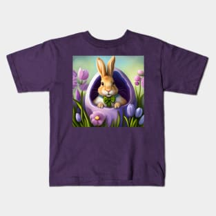 Cartoon Bunny popping out of Lilac Easter Egg surrounded by Flowers Kids T-Shirt